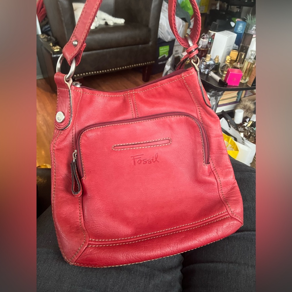 Fossil Red Genuine Leather Shoulder Bag. 11”x 11”. Excellent Condition!